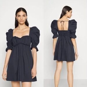 Cinq a Sept Dress Womens 4 Jovi Puff Sleeve Smocked Square Neck Mini Navy Blue